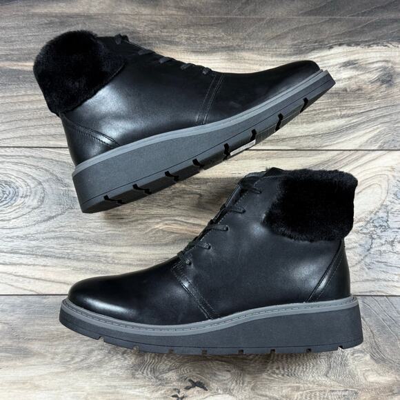 Clarks Leighly Lace 8.5M Black Leather Faux Fur Cuff Comfort Ankle Boots Booties - Picture 5 of 10